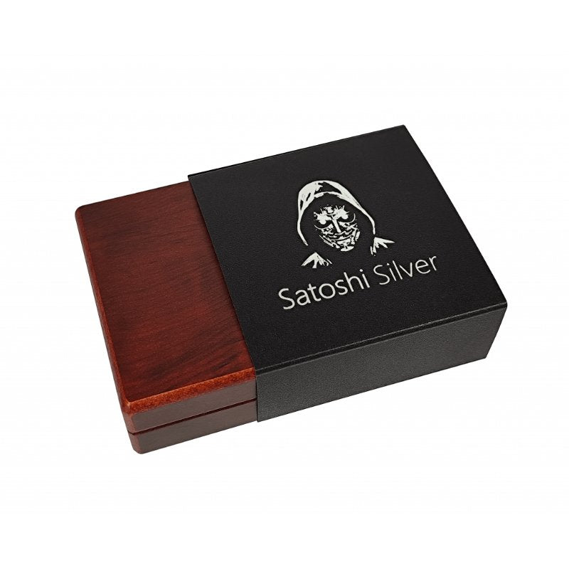 Satoshi Silver - #4 Fish Bitcoin Schwarzes Ruthenium + Gold im Holz Etui
