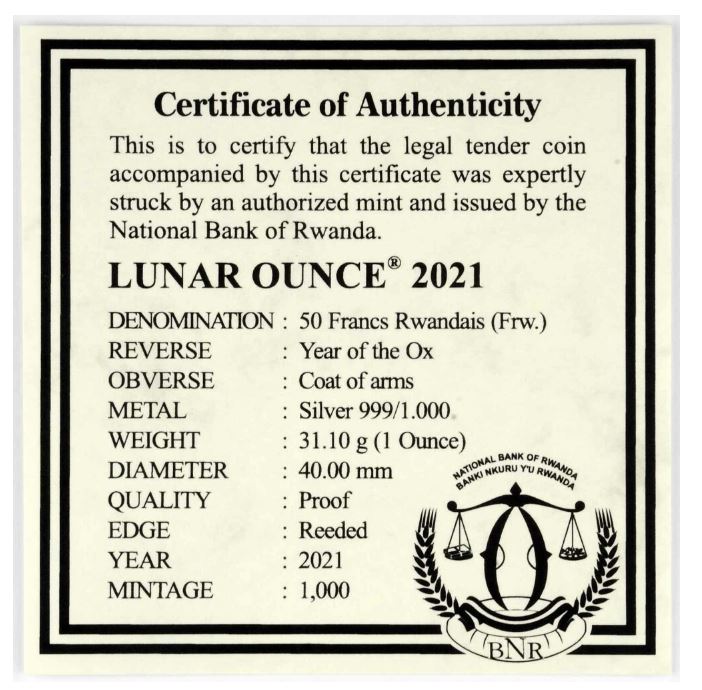 Ruanda - Lunar 2021 Ochse PP - Edelmetalle Koitz GnbR
