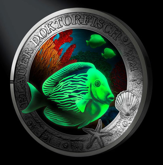 3€ Ozeantaler - #7 Blauer Doktorfisch 2024 - Edelmetalle Koitz GnbR