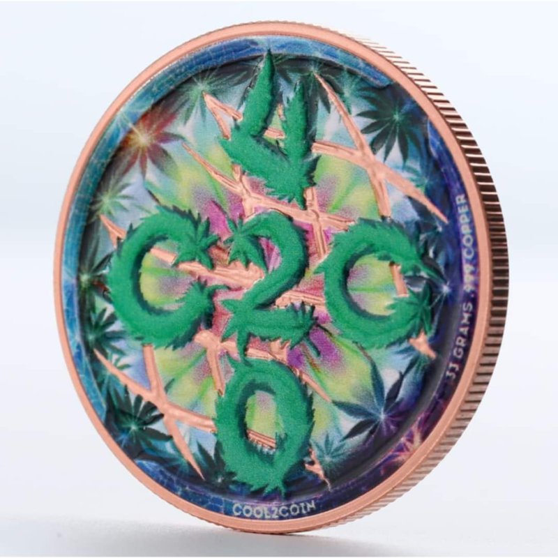 Kupfermünze 420 Series Cannabis, Cool2Coin, 33 g, farbig coloriert, in Kapsel und Box