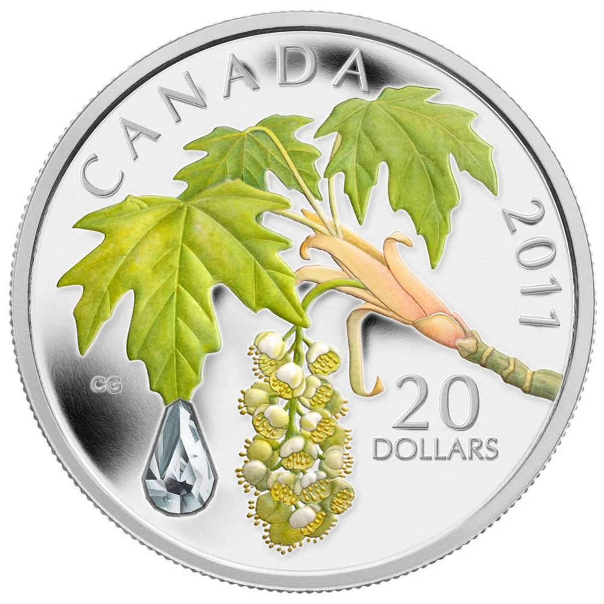 Kanadische 20 Dollar Silbermünze 2011 – Bigleaf Maple mit Kristalltropfen