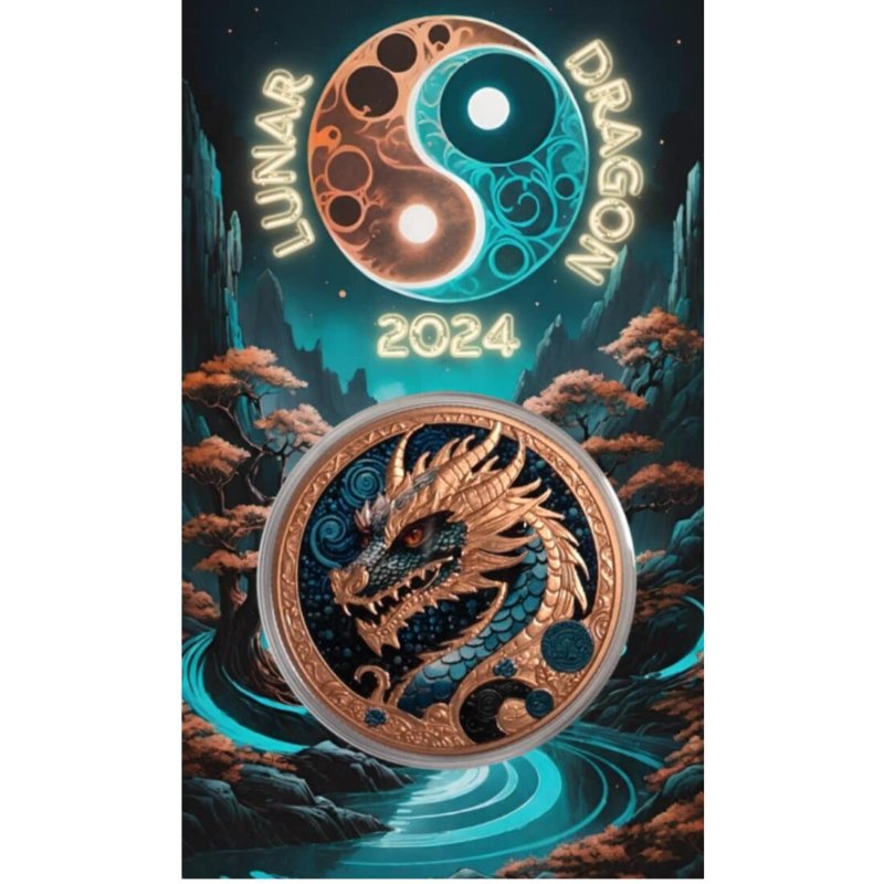 Kupfermünze Lunar Drache 2024, Cool2Coin, 33 g, coloriert, in Kapsel und Box