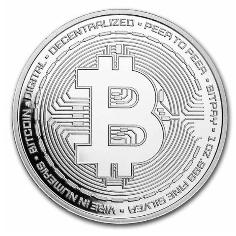 1 oz Silber-Round mit Bitcoin-Motiv – Digital, Dezentralisiert, Peer to Peer