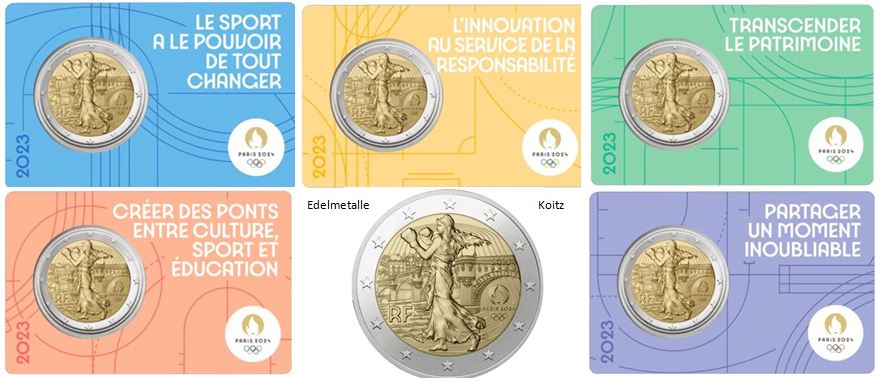 Frankreich 2€ 2023 - Olympia 2024 5x CC Set - Edelmetalle Koitz GnbR