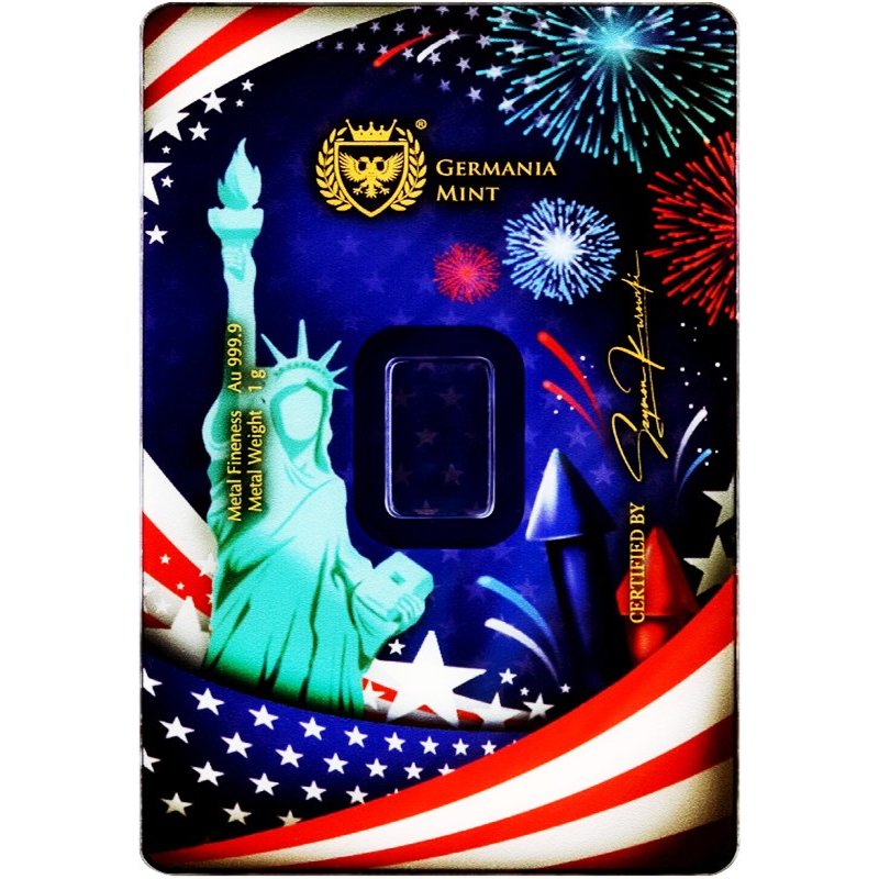 1 g Goldbarren Germania Mint – 4th July Edition mit Safepack-Verpackung