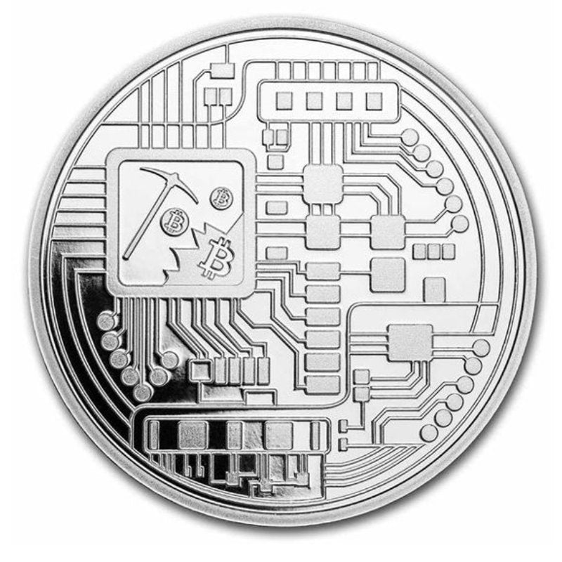 1 oz Silber-Round mit Bitcoin-Motiv – Digital, Dezentralisiert, Peer to Peer