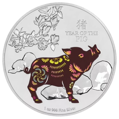 Niue 2-Dollar-Silbermünze 2019 „Year of the Pig“ – farbig, 1 oz, Proof