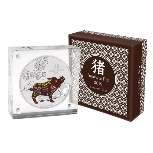 Niue 2-Dollar-Silbermünze 2019 „Year of the Pig“ – farbig, 1 oz, Proof