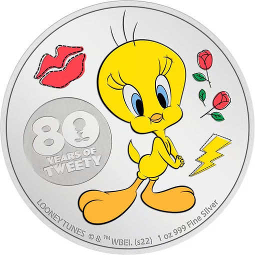 Alt-Text (für Bilder): Niue 2022 Tweety 80. Jubiläum Silbermünze 1 oz PP coloriert