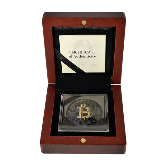 Satoshi Silver - #4 Fish Bitcoin Schwarzes Ruthenium + Gold im Holz Etui