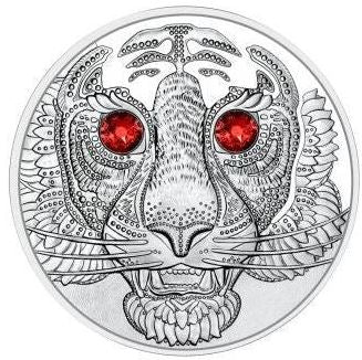 Österreich 20 Euro Silbermünze Augen der Kontinente Tiger 2022 Polierte Platte mit Swarovski Kristallaugen