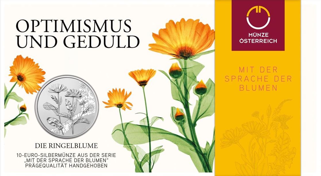 Österreich 10 Euro Silbermünze 2022 Ringelblume Handgehoben