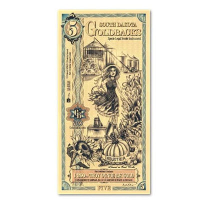 South Dakota 5 Goldbacks Goldnote 1/200 oz