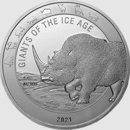 Ghana Wollnashorn 2021 – 1 oz Silber | Giganten der Eiszeit