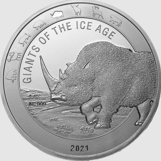 Ghana Wollnashorn 2021 – 1 oz Silber | Giganten der Eiszeit
