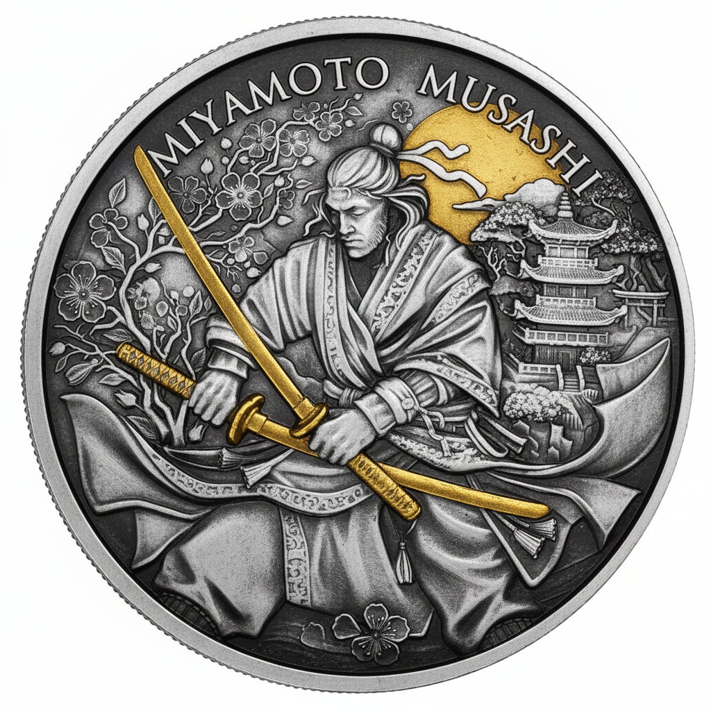 Legendary Warriors Miyamoto Musashi Antique Gold 1 oz Silbermedaille
