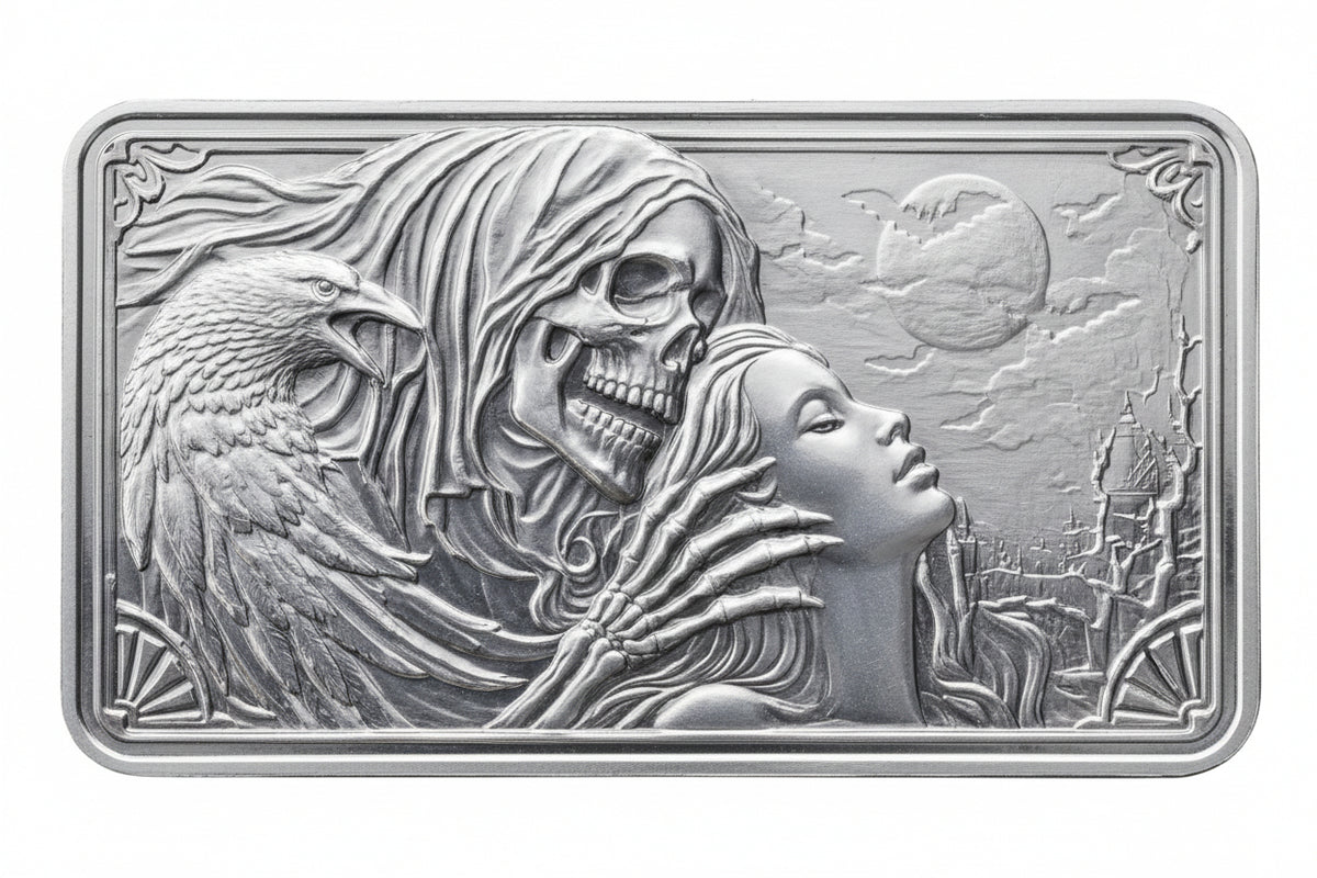 Hillmint Silberbarren 1 oz Grim Reaper mit Frau und Rabe Silver 999