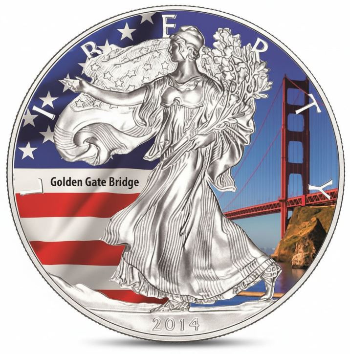 USA Silver Eagle 2014 Golden Gate Bridge coloriert Silbermünze