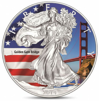 USA Silver Eagle 2014 Golden Gate Bridge coloriert Silbermünze