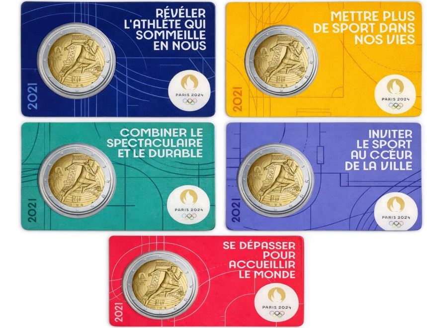 Frankreich 2€ 2021 - 5x Olympia 2024 Coincards