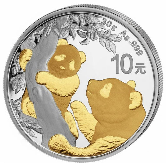 China 10 Yuan Panda 2021 30 g Silber vergoldet, Motiv mit Pandabär und Himmelstempel, limitierte Auflage 5.000 Stück.