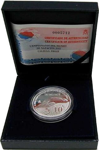 Spanische 10-Euro-Silbermünze 2003 zur Schwimm-WM in PP

