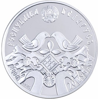 Belarus 2006 – Silbermünze „Hochzeit“ aus der Serie Slawische Traditionen, farbig, 20 Rubel

