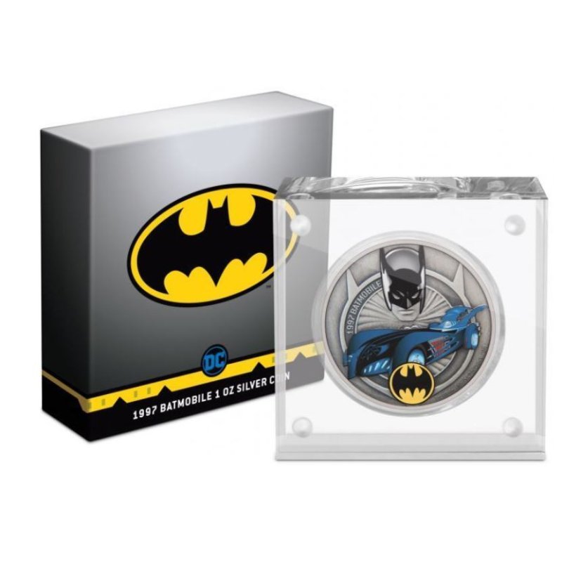 Silbermünze 1 oz Batmobil 1997 – coloriert, Proof, in Etui mit Zertifikat (2021, Niue)

