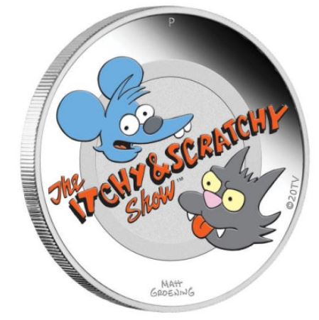 Tuvalu 2021 Itchy & Scratchy Silbermünze – Simpsons-Serie, 1 oz coloriert in Etui

