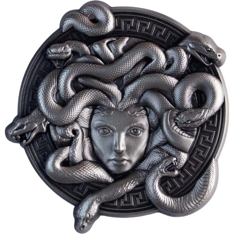 Medusa-Silberstacker – 2 oz 3D-Prägung mit griechischem Ornamentrahmen

