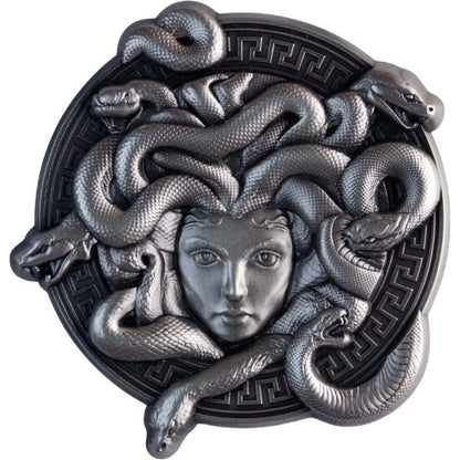 Medusa-Silberstacker – 2 oz 3D-Prägung mit griechischem Ornamentrahmen

