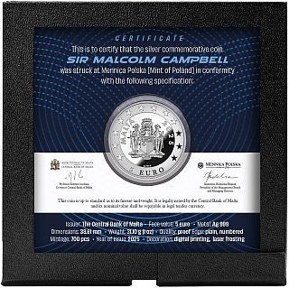 Malta Sir Malcolm Campbell 2025 5 Euro 1 oz Silber farbig Proof