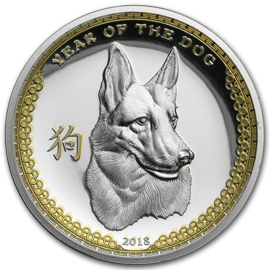 Palau Year of the Dog 2018 1 Unze Silbermünze Proof Ultra High Relief, Deutscher Schäferhund Motiv, Lunar Hund, Feinsilber 999, Vorder- und Rückseite neutraler Hintergrund