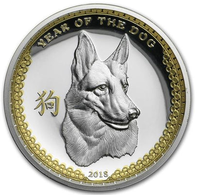 Palau Year of the Dog 2018 1 Unze Silbermünze Proof Ultra High Relief, Deutscher Schäferhund Motiv, Lunar Hund, Feinsilber 999, Vorder- und Rückseite neutraler Hintergrund