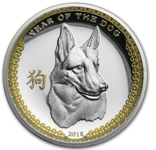 Palau Year of the Dog 2018 1 Unze Silbermünze Proof Ultra High Relief, Deutscher Schäferhund Motiv, Lunar Hund, Feinsilber 999, Vorder- und Rückseite neutraler Hintergrund