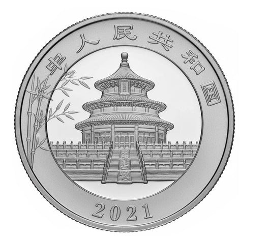 China 10 Yuan Panda 2021 30 g Silber vergoldet, Motiv mit Pandabär und Himmelstempel, limitierte Auflage 5.000 Stück.