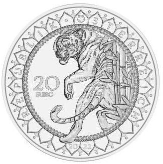 Österreich 20 Euro Silbermünze Augen der Kontinente Tiger 2022 Polierte Platte mit Swarovski Kristallaugen