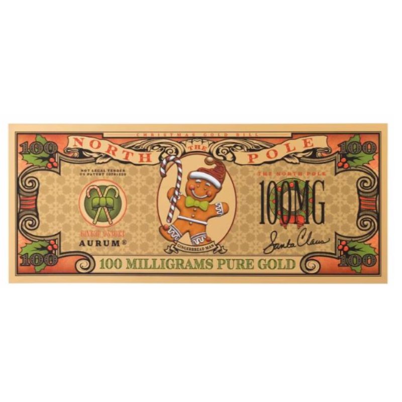 Aurum Gingerbread Man 2025 – 100 mg Goldbanknote mit weihnachtlichem Lebkuchenmann-Motiv und Mikrodruck.