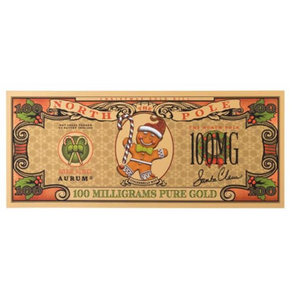 Aurum Gingerbread Man 2025 – 100 mg Goldbanknote mit weihnachtlichem Lebkuchenmann-Motiv und Mikrodruck.