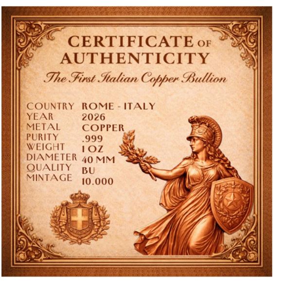 Italian Copper Bullion 2026 Kupfermedaille 1 oz Italia Motiv
