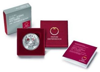 Österreich 20 Euro Silbermünze Augen der Kontinente Tiger 2022 Polierte Platte mit Swarovski Kristallaugen