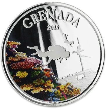 EC8 Grenada Diving Paradise 2018 1 oz Silbermünze coloriert, Eastern Caribbean 8 Serie, Feinsilber 999, Scottsdale Mint, Unterwasser-Tauchmotiv, Vorder- und Rückseite neutraler Hintergrund