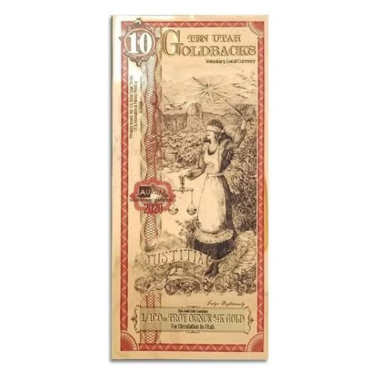 10 Utah Goldback Goldnote 1/100 oz Feingold
Utah Goldback 10 Justitia Motiv Goldbanknote
USA Goldback Utah 10 Goldfolie Polymer
Utah Goldback Goldnote Detailansicht
10 Goldback Utah Goldbanknote Certipack