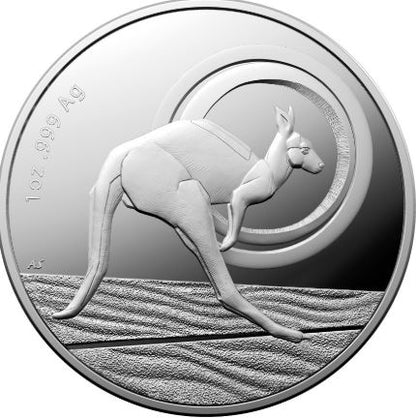Australien Kangaroo Outback Majesty 2021 1 oz Silbermünze Proof, Royal Australian Mint, Känguru Outback Motiv, Vorder- und Rückseite auf weißem Hintergrund