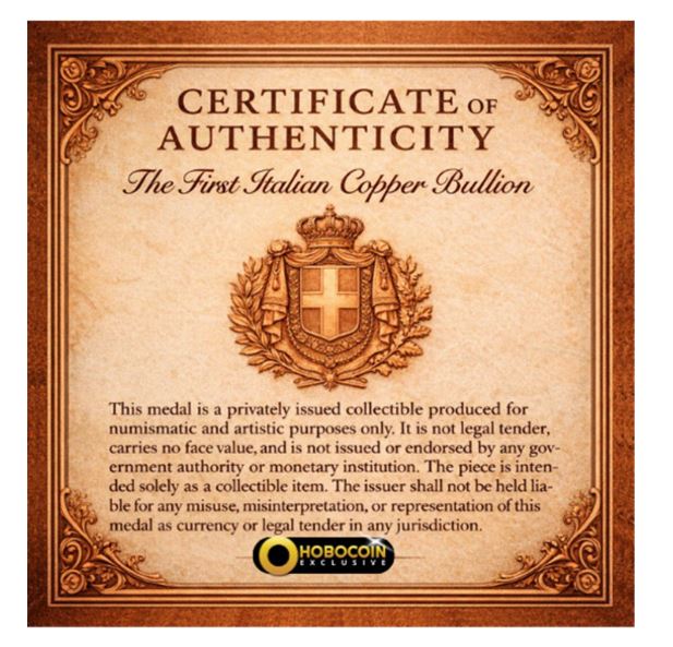 Italian Copper Bullion 2026 Kupfermedaille 1 oz Italia Motiv