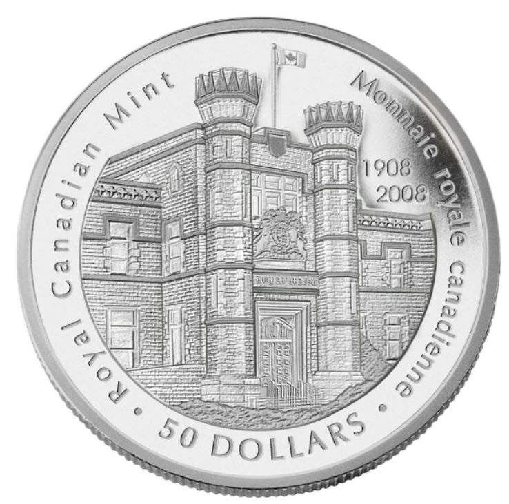 Kanada 50 Dollar 2008 100 Jahre Royal Canadian Mint 5 oz Silbermünze Proof, Feinsilber 9999, Jubiläumsausgabe, Vorder- und Rückseite neutraler Hintergrund
