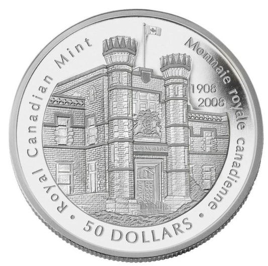 Kanada 50 Dollar 2008 100 Jahre Royal Canadian Mint 5 oz Silbermünze Proof, Feinsilber 9999, Jubiläumsausgabe, Vorder- und Rückseite neutraler Hintergrund