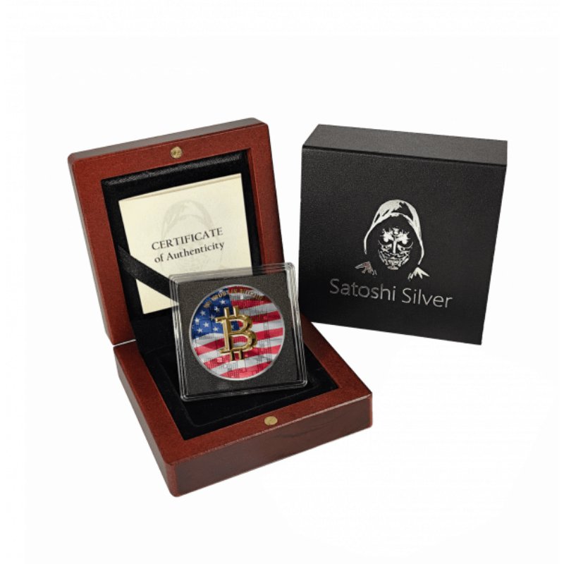 Satoshi Silver - Bitcoin Nations USA im Holz Etui