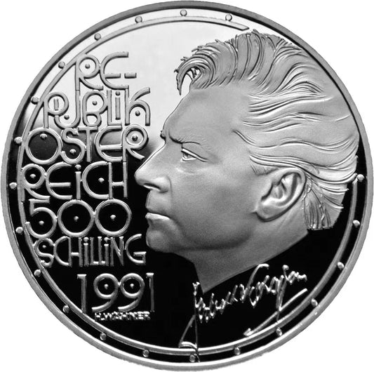 Alt-Text: 500 Schilling Silbermünze 1991 Herbert von Karajan in Polierter Platte.

