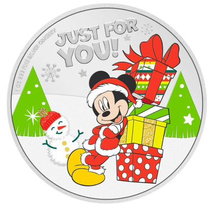 Mickey Maus Weihnachtsmünze 2021 1 oz Silber PP farbig Niue